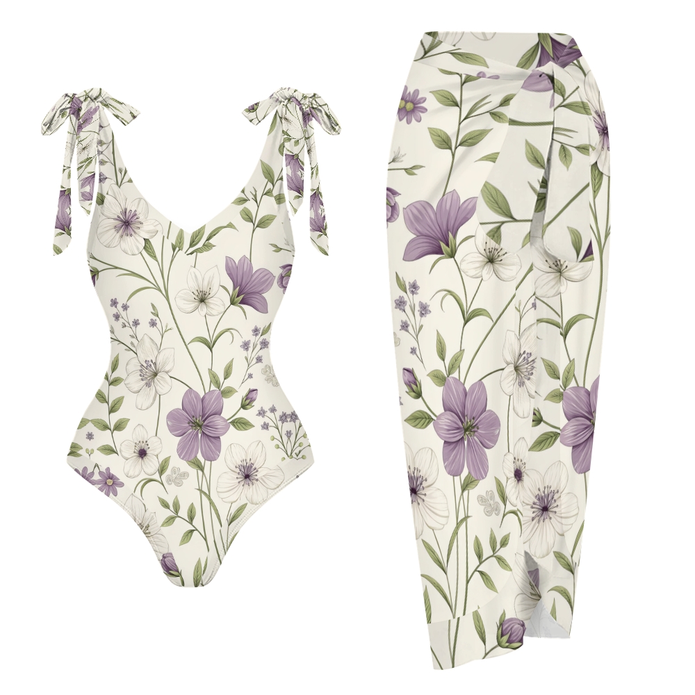 Women Floral Print One Piece Swimsuit with Matching Wrap Skirt Elegant Beachwear Set