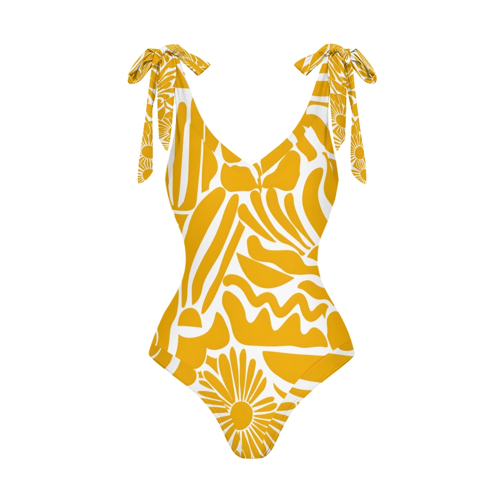 V Neck Tie Shoulder One Piece Swimsuit with Matching Wide Leg Pants Two Piece Set