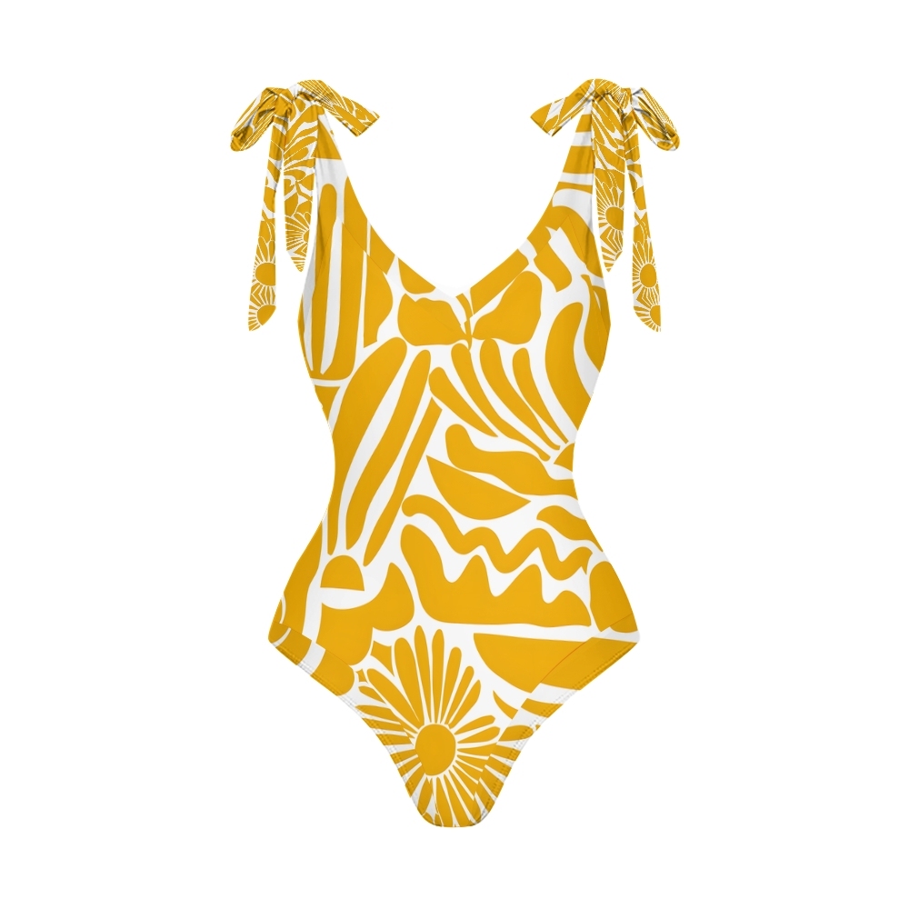 V Neck Tie Shoulder One Piece Swimsuit with Matching Wide Leg Pants Two Piece Set