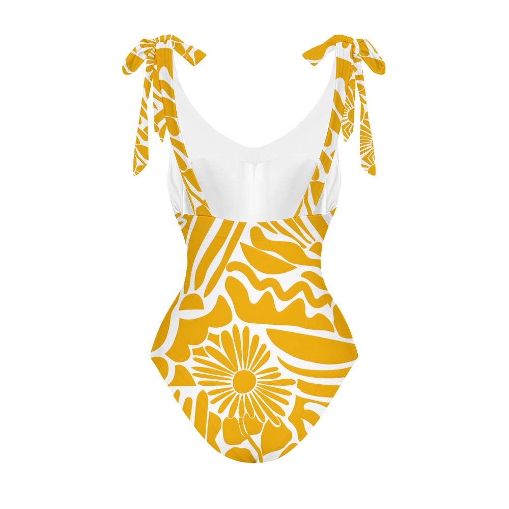 V Neck Tie Shoulder One Piece Swimsuit with Matching Wide Leg Pants Two Piece Set