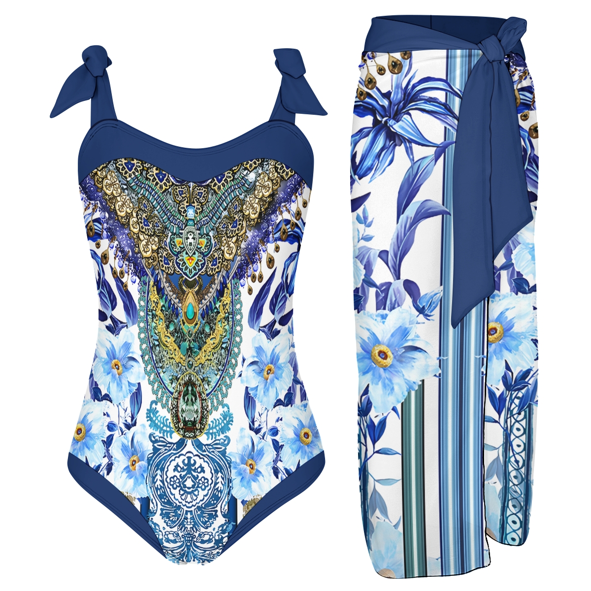 Boho Chic Ornate Print One-Piece Swimsuit with Matching Sarong Skirt
