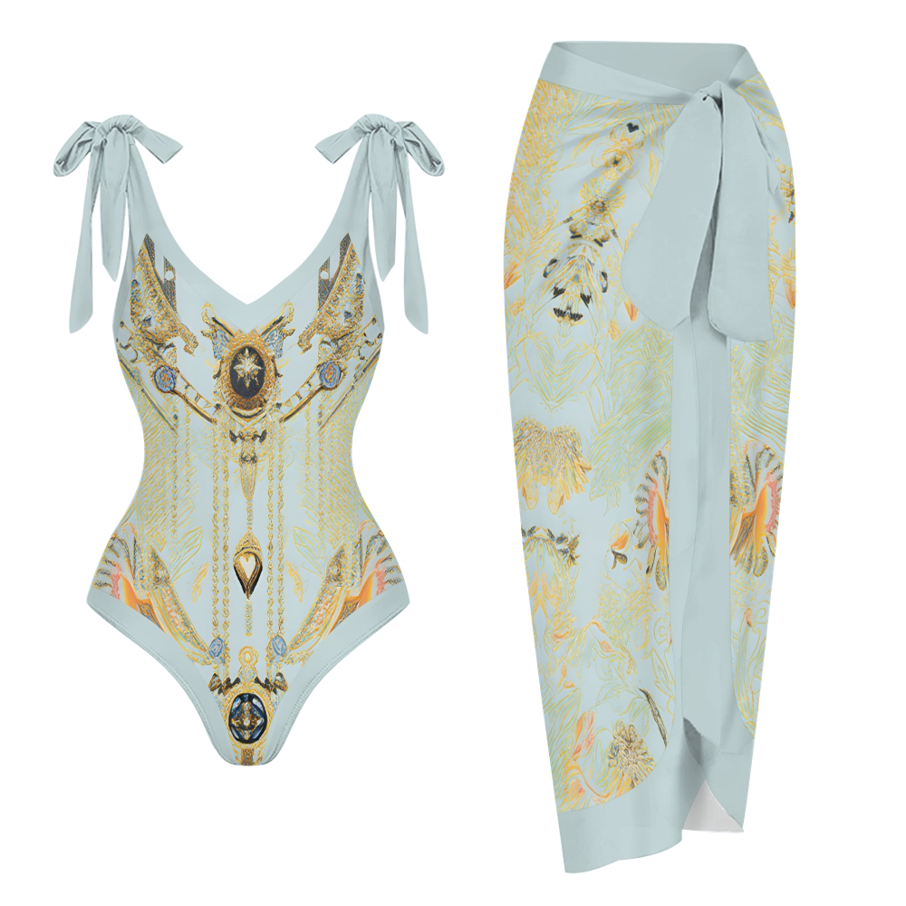 Baroque-Inspired V-Neck One-Piece Swimsuit and Matching Wrap Skirt