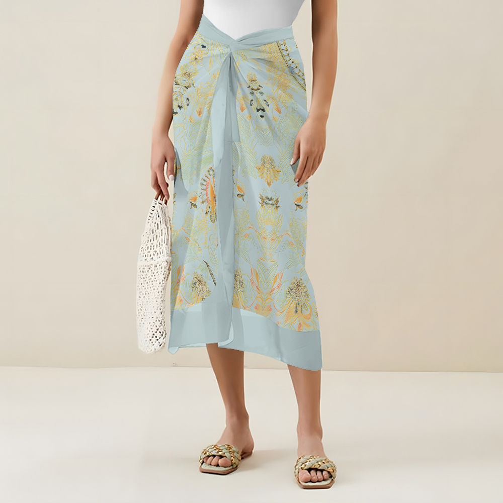 Baroque-Inspired V-Neck One-Piece Swimsuit and Matching Wrap Skirt