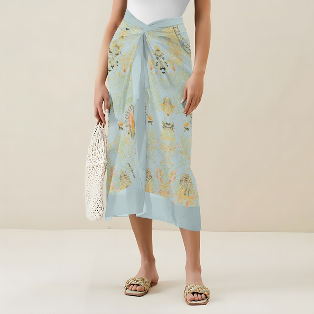 Baroque-Inspired V-Neck One-Piece Swimsuit and Matching Wrap Skirt