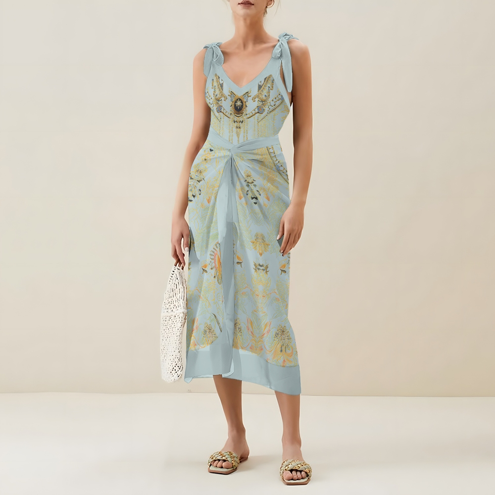 Baroque-Inspired V-Neck One-Piece Swimsuit and Matching Wrap Skirt