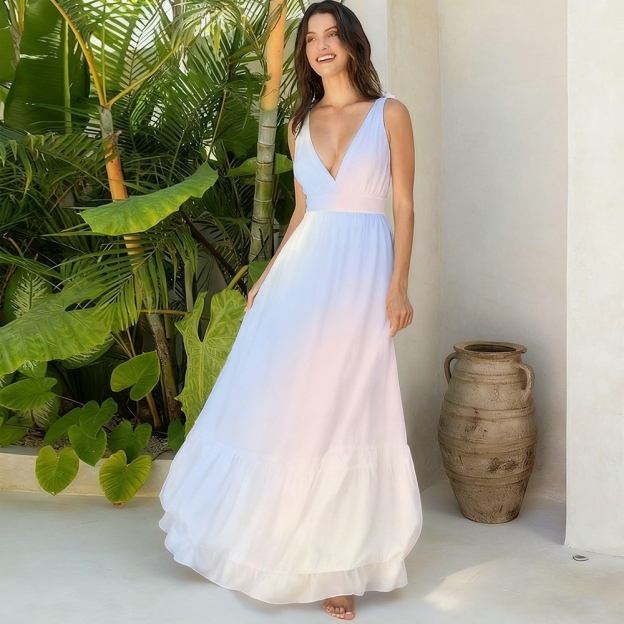 Pastel Gradient Lace-up One-Piece Swimsuit and Flowing Maxi Skirt