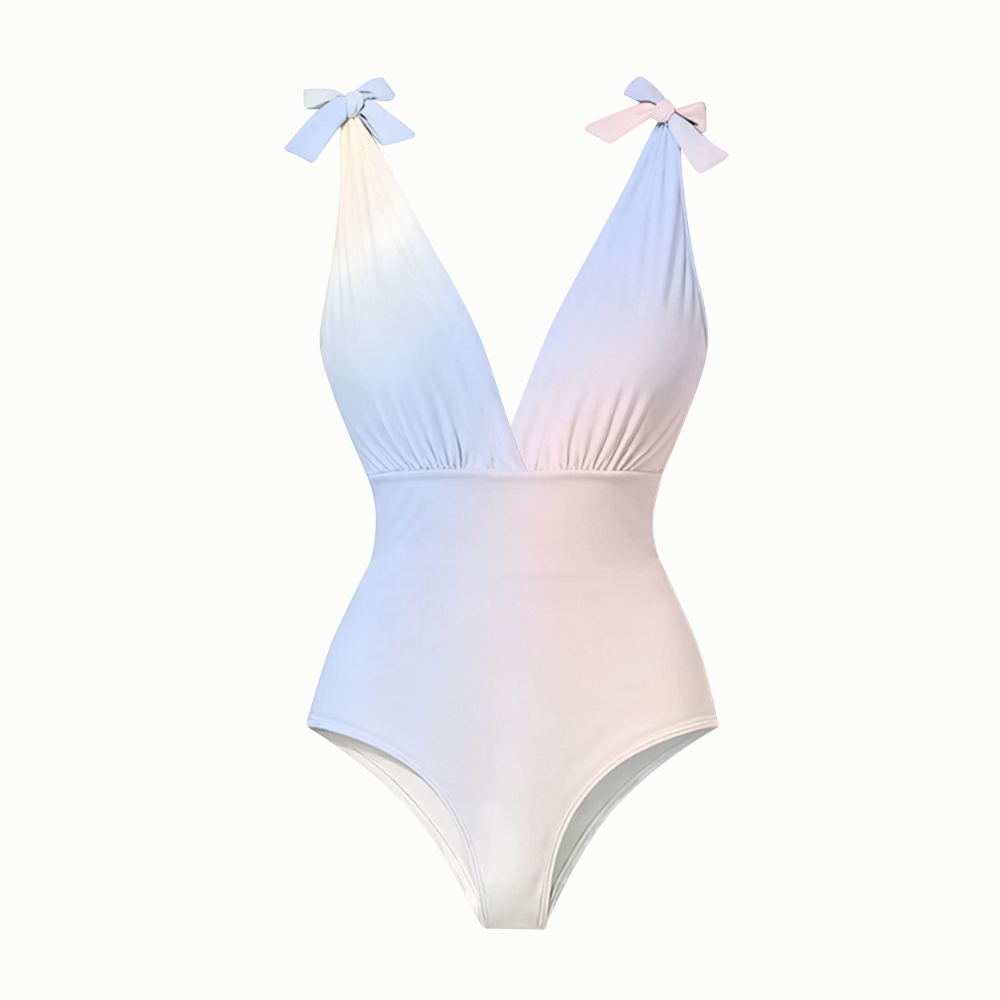 Pastel Gradient Lace-up One-Piece Swimsuit and Flowing Maxi Skirt