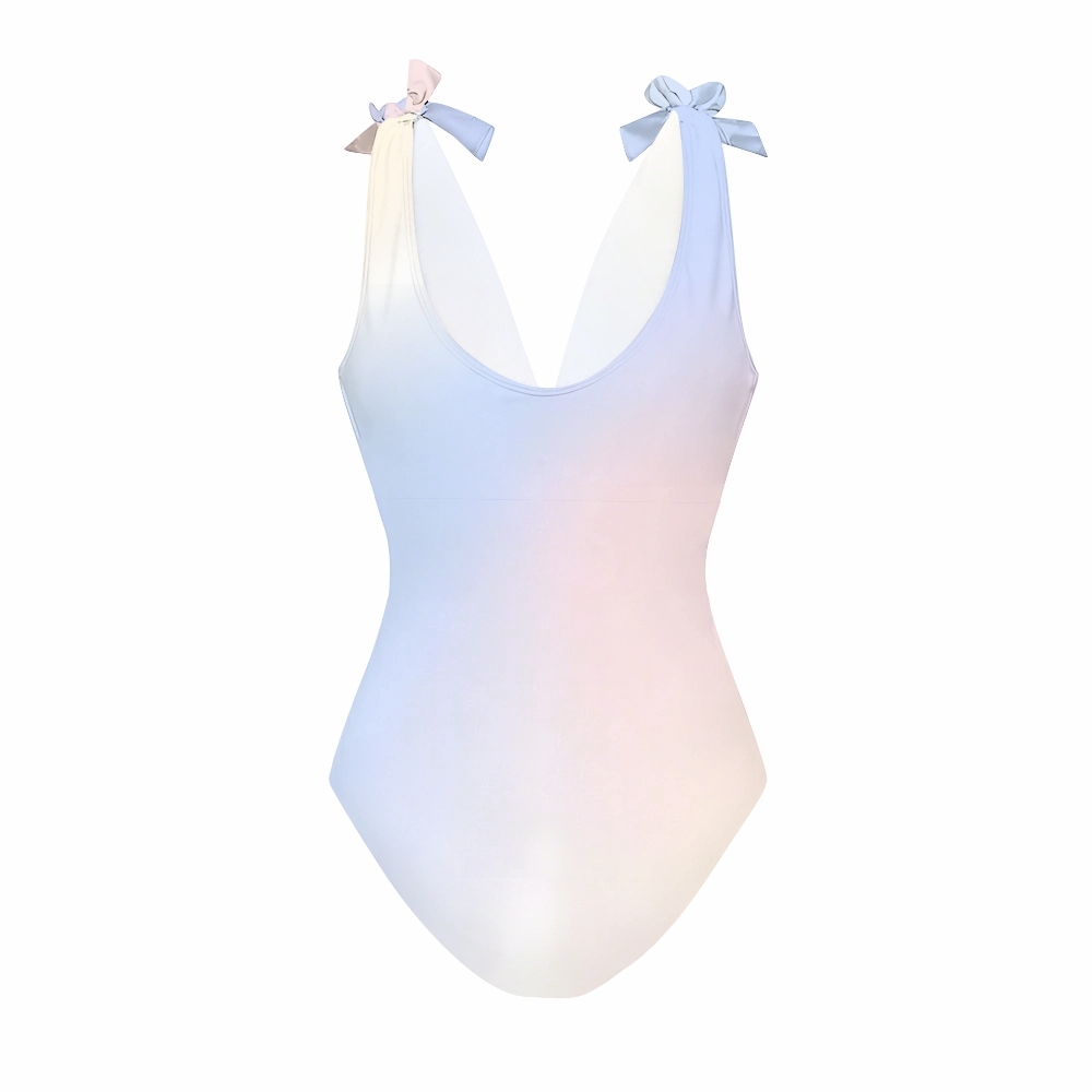 Pastel Gradient Lace-up One-Piece Swimsuit and Flowing Maxi Skirt