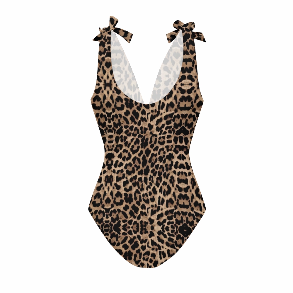 Chic Leopard Print Lace-up One-Piece Swimsuit and Flowy Maxi Skirt