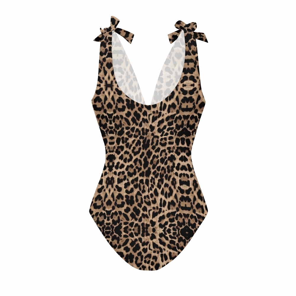 Chic Leopard Print Lace-up One-Piece Swimsuit and Flowy Maxi Skirt