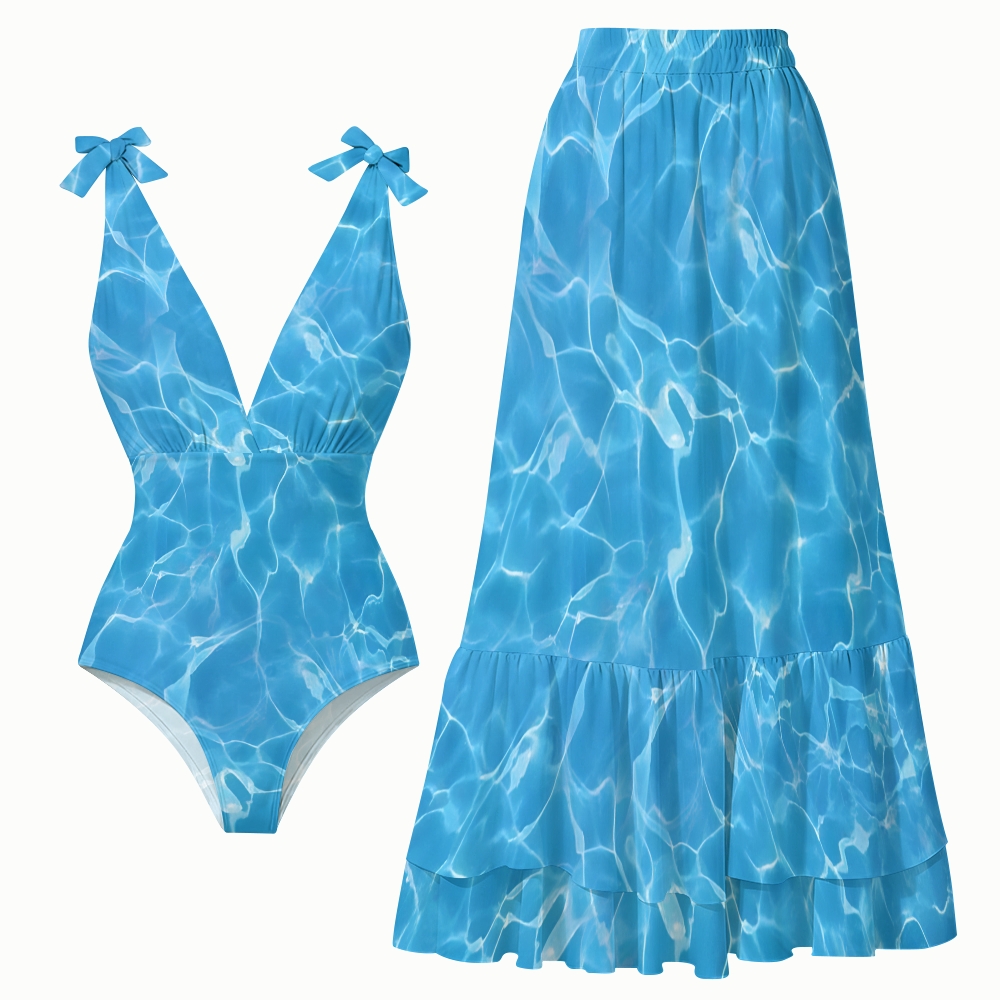 Ocean-Inspired Aqua Ripple One-Piece Swimsuit with Coordinated Maxi Skirt