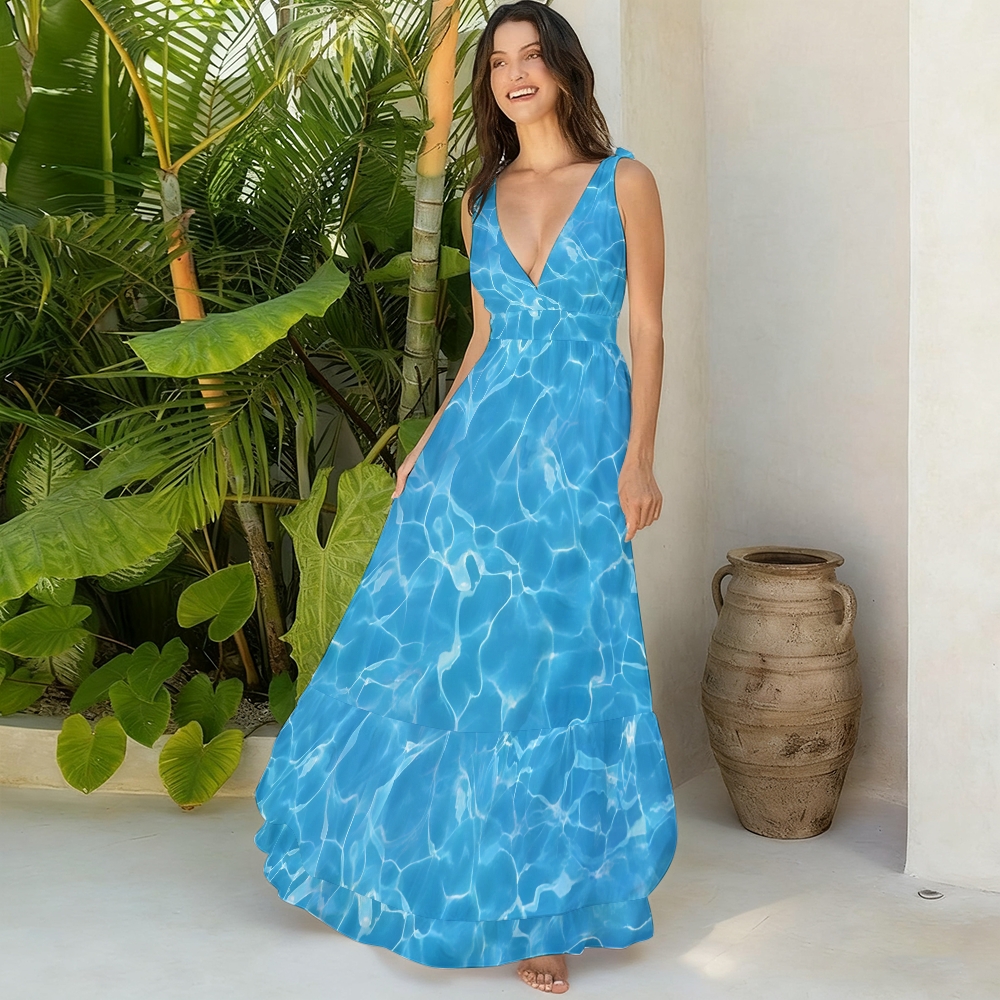 Ocean-Inspired Aqua Ripple One-Piece Swimsuit with Coordinated Maxi Skirt