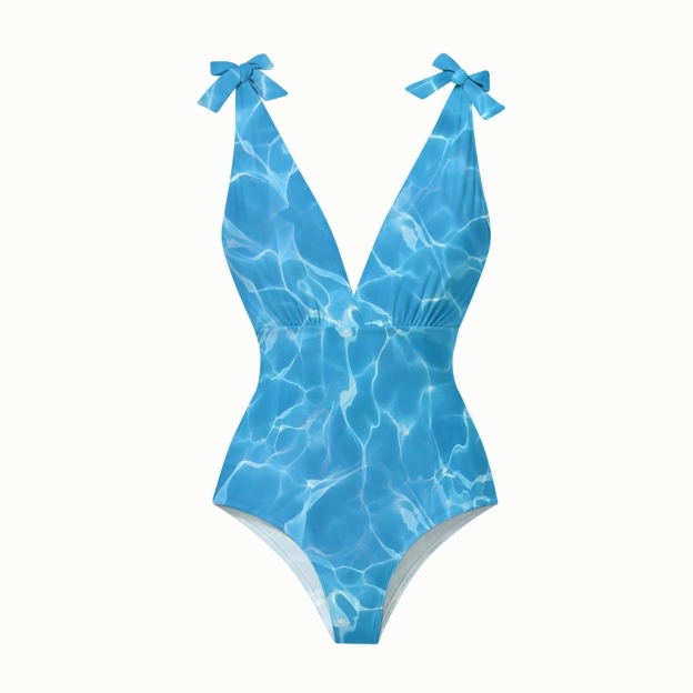 Ocean-Inspired Aqua Ripple One-Piece Swimsuit with Coordinated Maxi Skirt