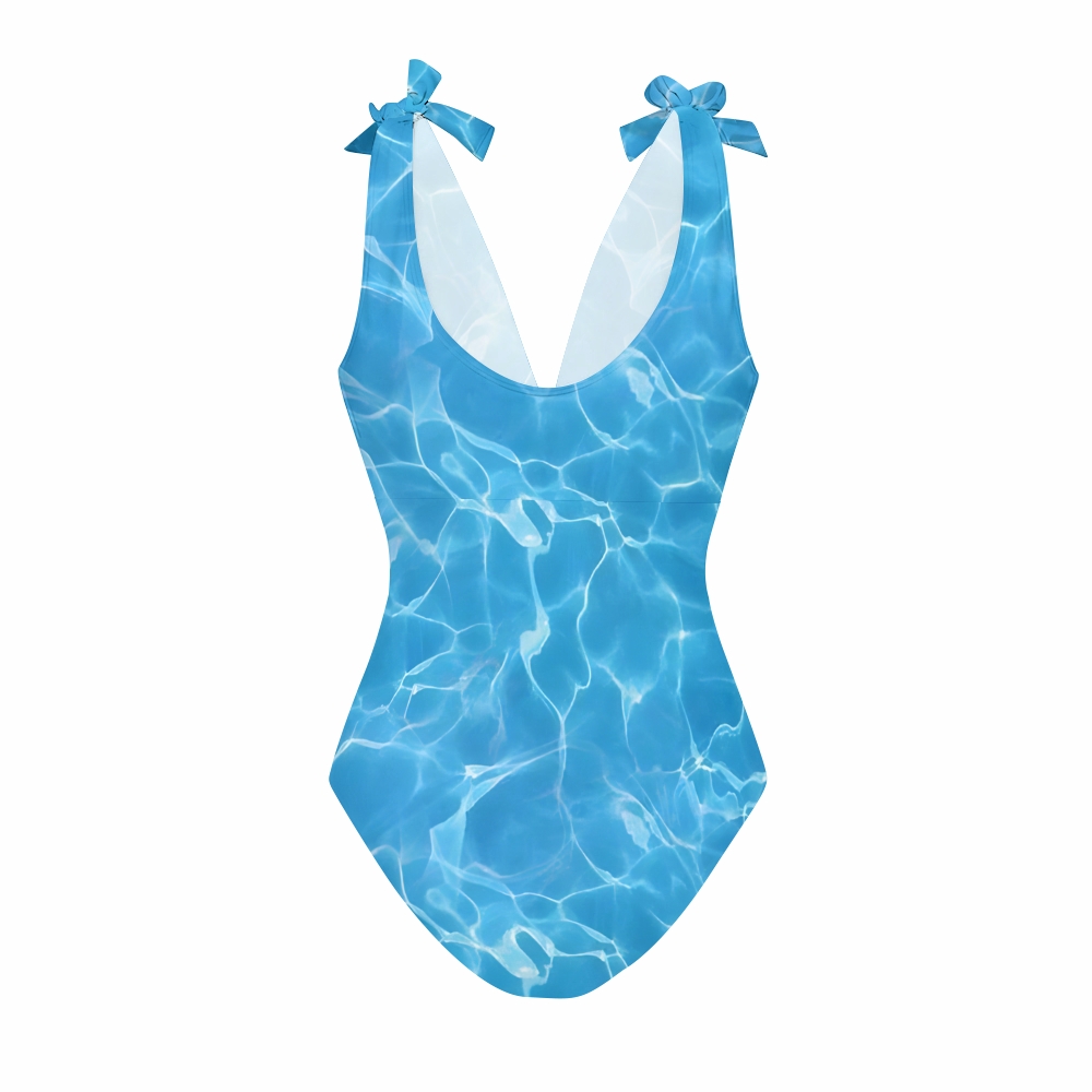 Ocean-Inspired Aqua Ripple One-Piece Swimsuit with Coordinated Maxi Skirt