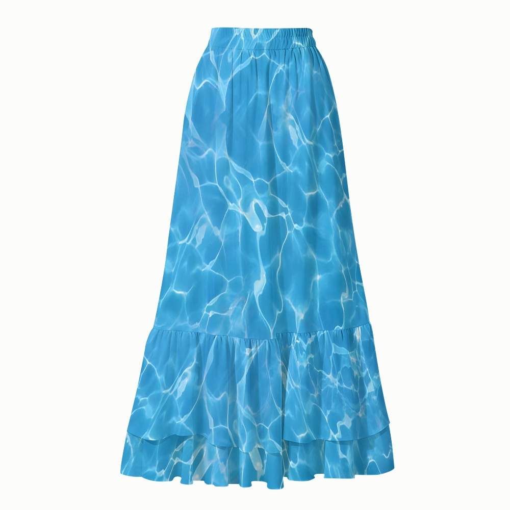 Ocean-Inspired Aqua Ripple One-Piece Swimsuit with Coordinated Maxi Skirt