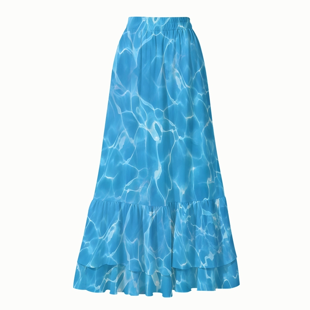 Ocean-Inspired Aqua Ripple One-Piece Swimsuit with Coordinated Maxi Skirt