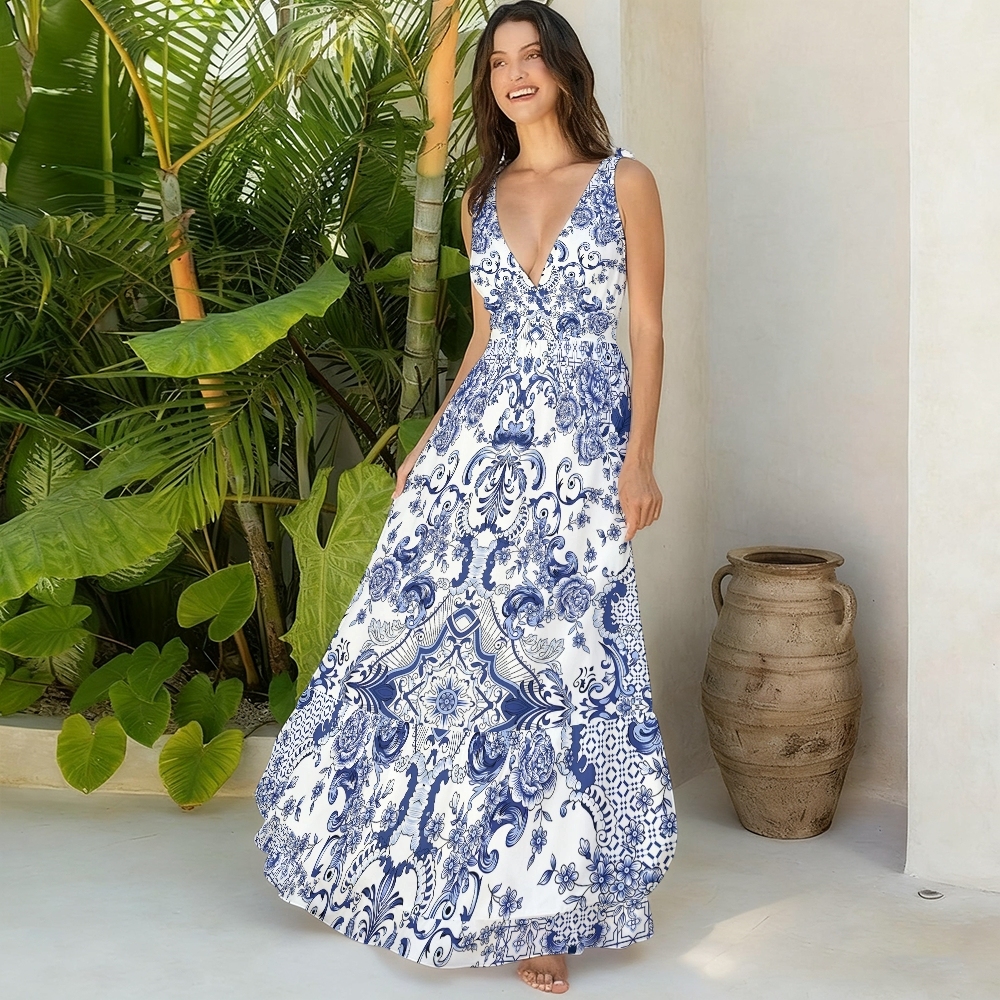 Baroque Porcelain Floral One-Piece Swimsuit and Matching Maxi Skirt