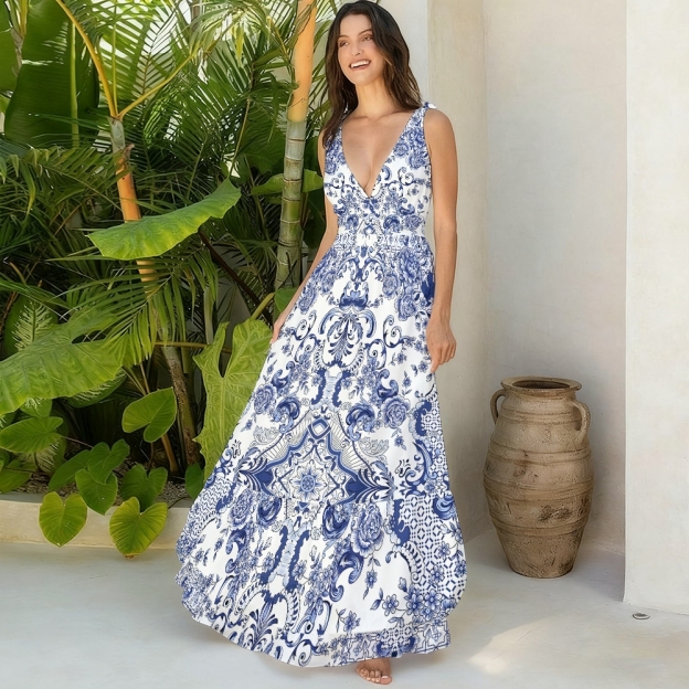 Baroque Porcelain Floral One-Piece Swimsuit and Matching Maxi Skirt
