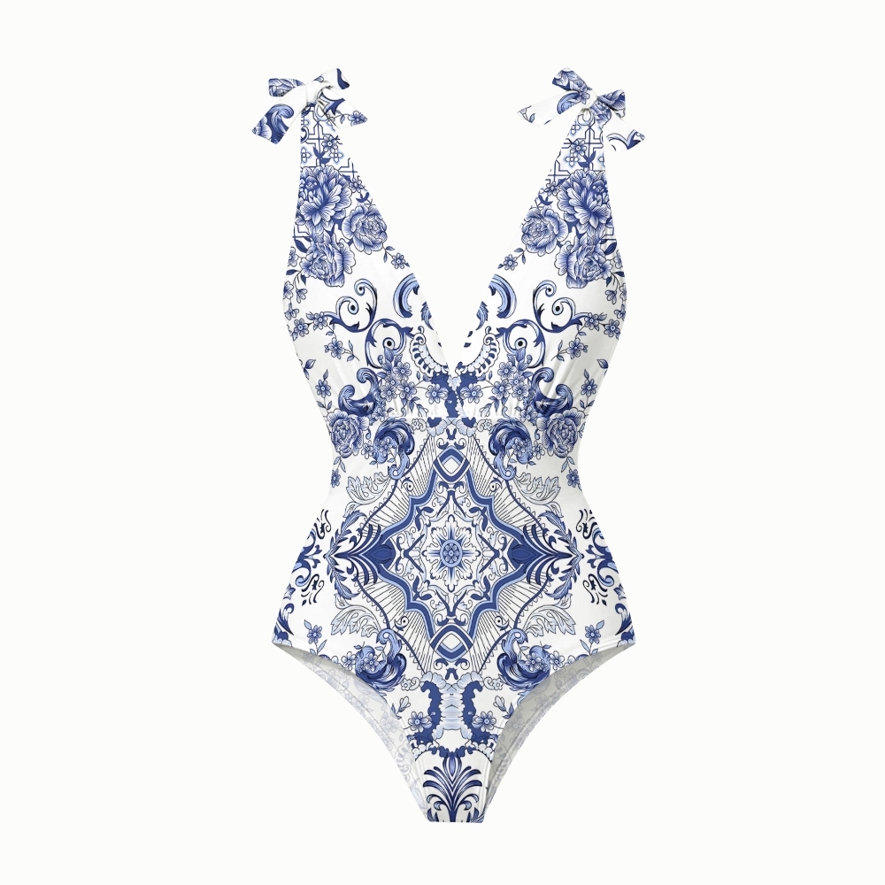 Baroque Porcelain Floral One-Piece Swimsuit and Matching Maxi Skirt