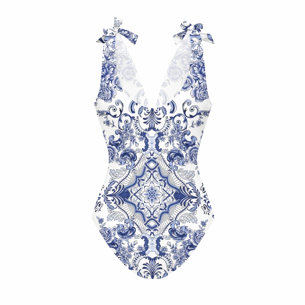 Baroque Porcelain Floral One-Piece Swimsuit and Matching Maxi Skirt