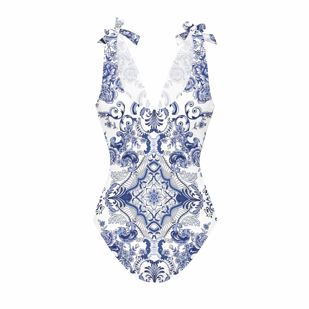 Baroque Porcelain Floral One-Piece Swimsuit and Matching Maxi Skirt
