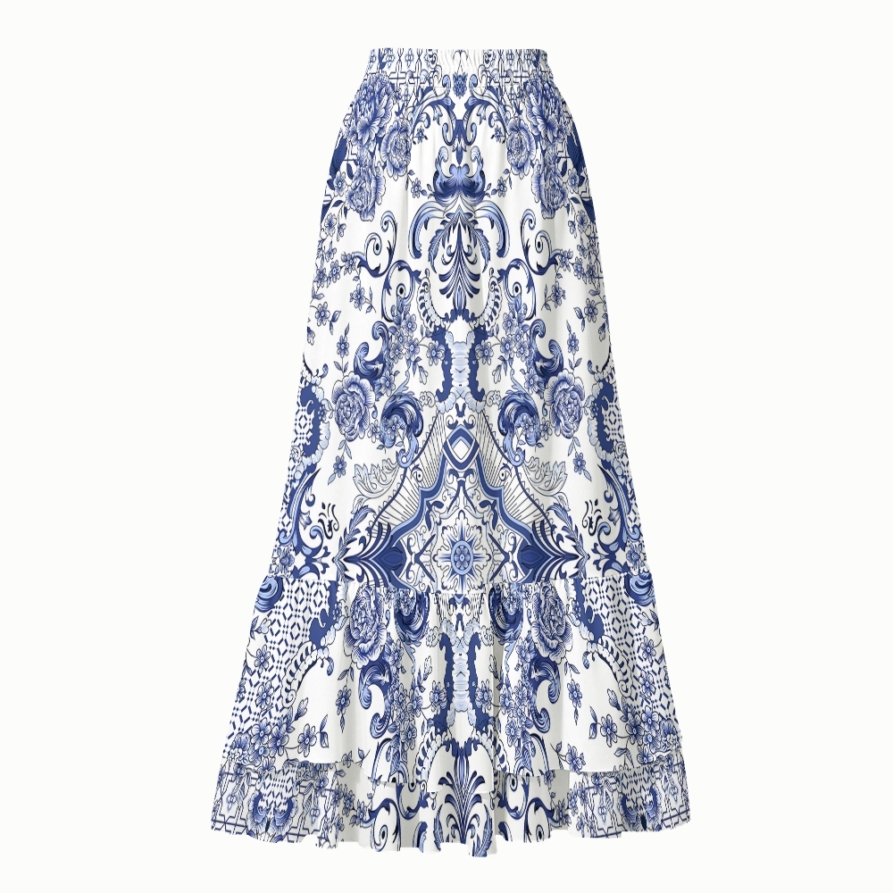 Baroque Porcelain Floral One-Piece Swimsuit and Matching Maxi Skirt