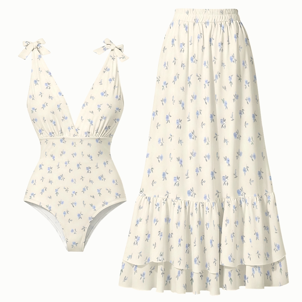 Cream and Blue Floral One-Piece Swimsuit and Matching Maxi Skirt