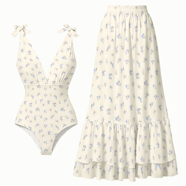 Cream and Blue Floral One-Piece Swimsuit and Matching Maxi Skirt