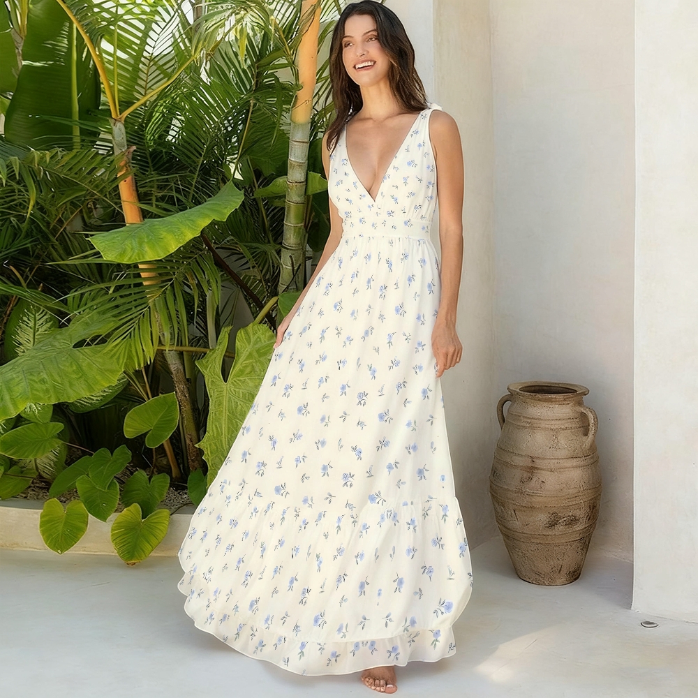 Cream and Blue Floral One-Piece Swimsuit and Matching Maxi Skirt