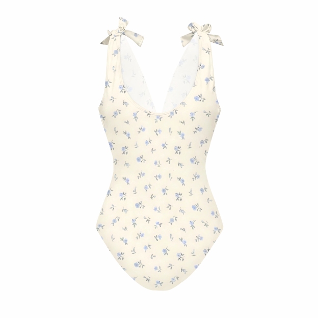 Cream and Blue Floral One-Piece Swimsuit and Matching Maxi Skirt