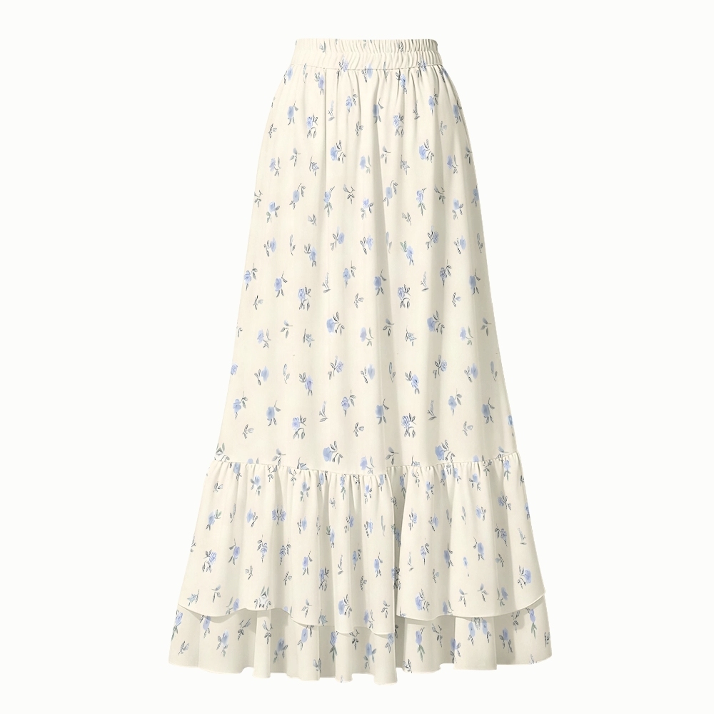 Cream and Blue Floral One-Piece Swimsuit and Matching Maxi Skirt