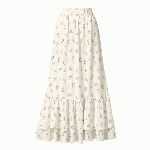 Cream and Blue Floral One-Piece Swimsuit and Matching Maxi Skirt