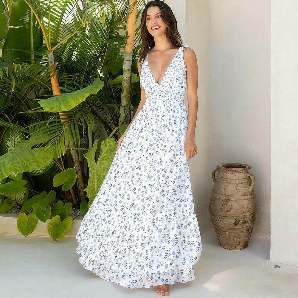 Vintage Floral Print One-Piece Swimsuit and Tiered Maxi Skirt Set