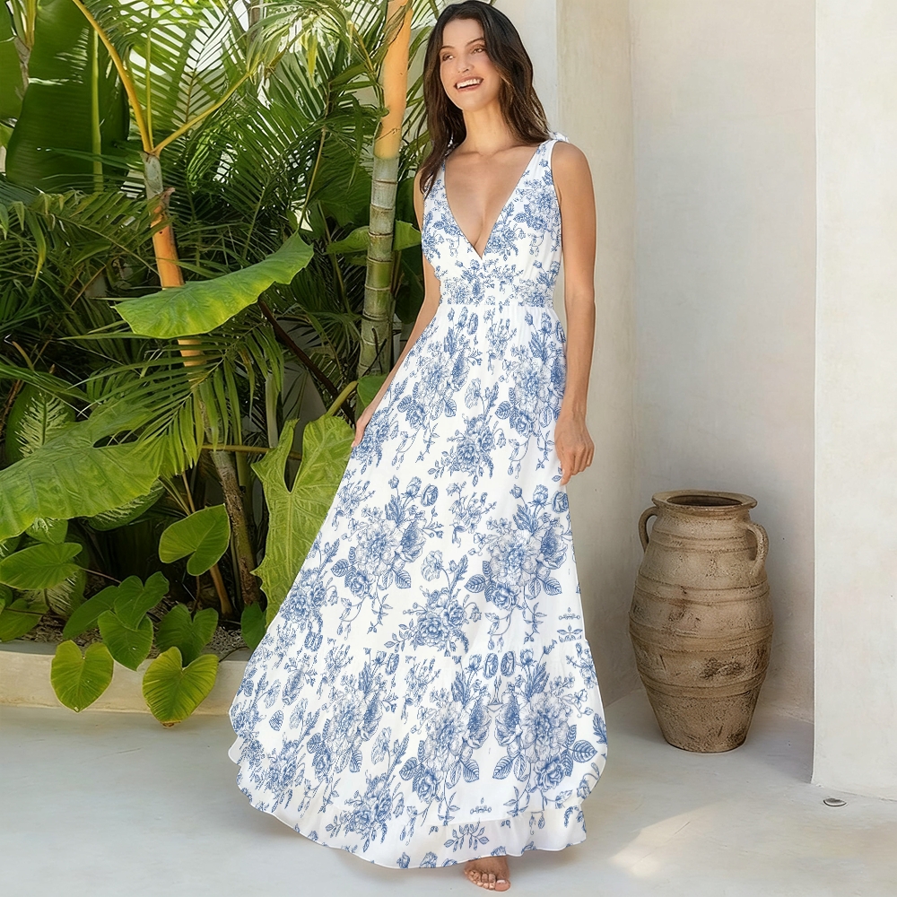 Toile de Jouy One-Piece Swimsuit with Matching Ruffle Maxi Skirt