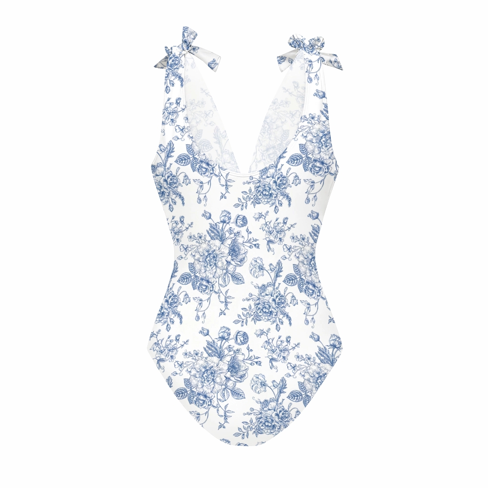 Toile de Jouy One-Piece Swimsuit with Matching Ruffle Maxi Skirt