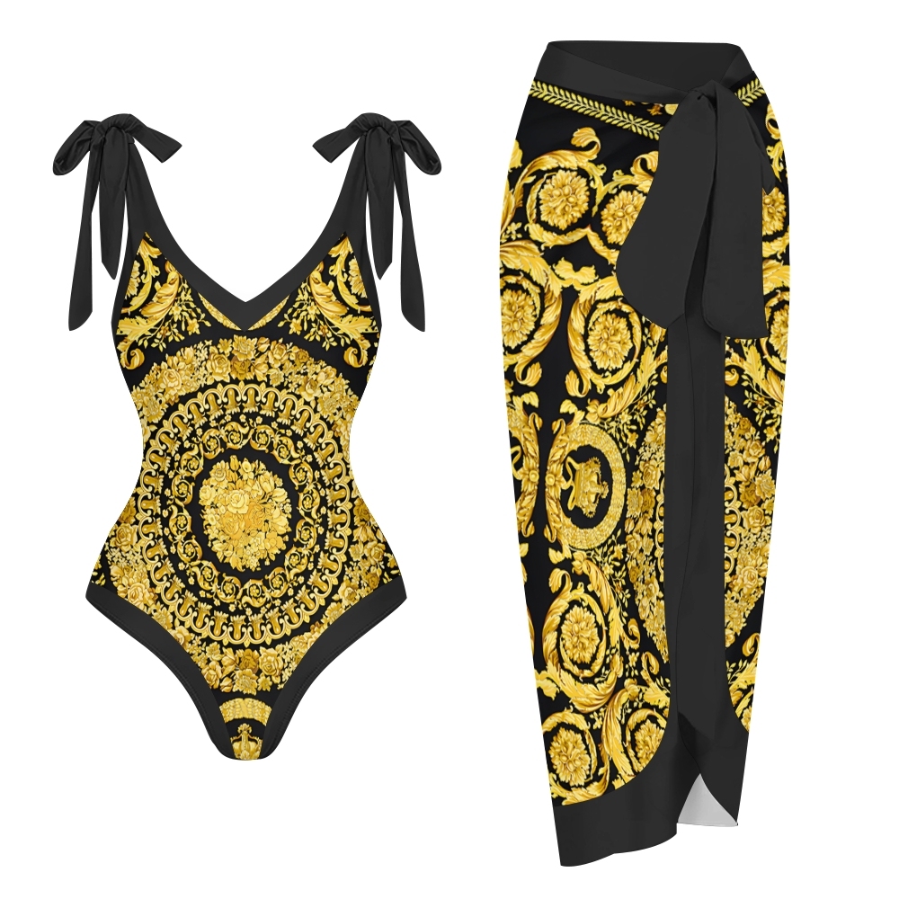 Baroque Print One Piece Swimsuit with Matching Sarong Skirt