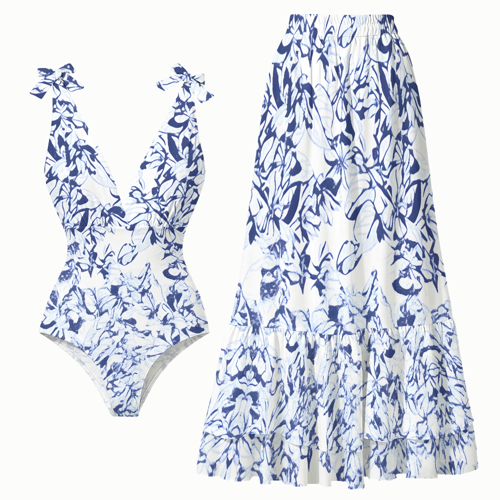 Botanical Print One Piece Swimsuit and Coordinated Maxi Skirt