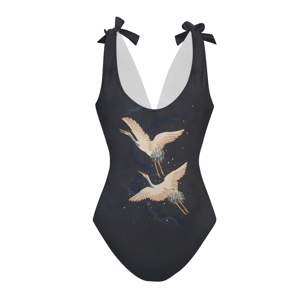Oriental Celestial Crane One Piece Swimsuit with Matching Maxi Skirt
