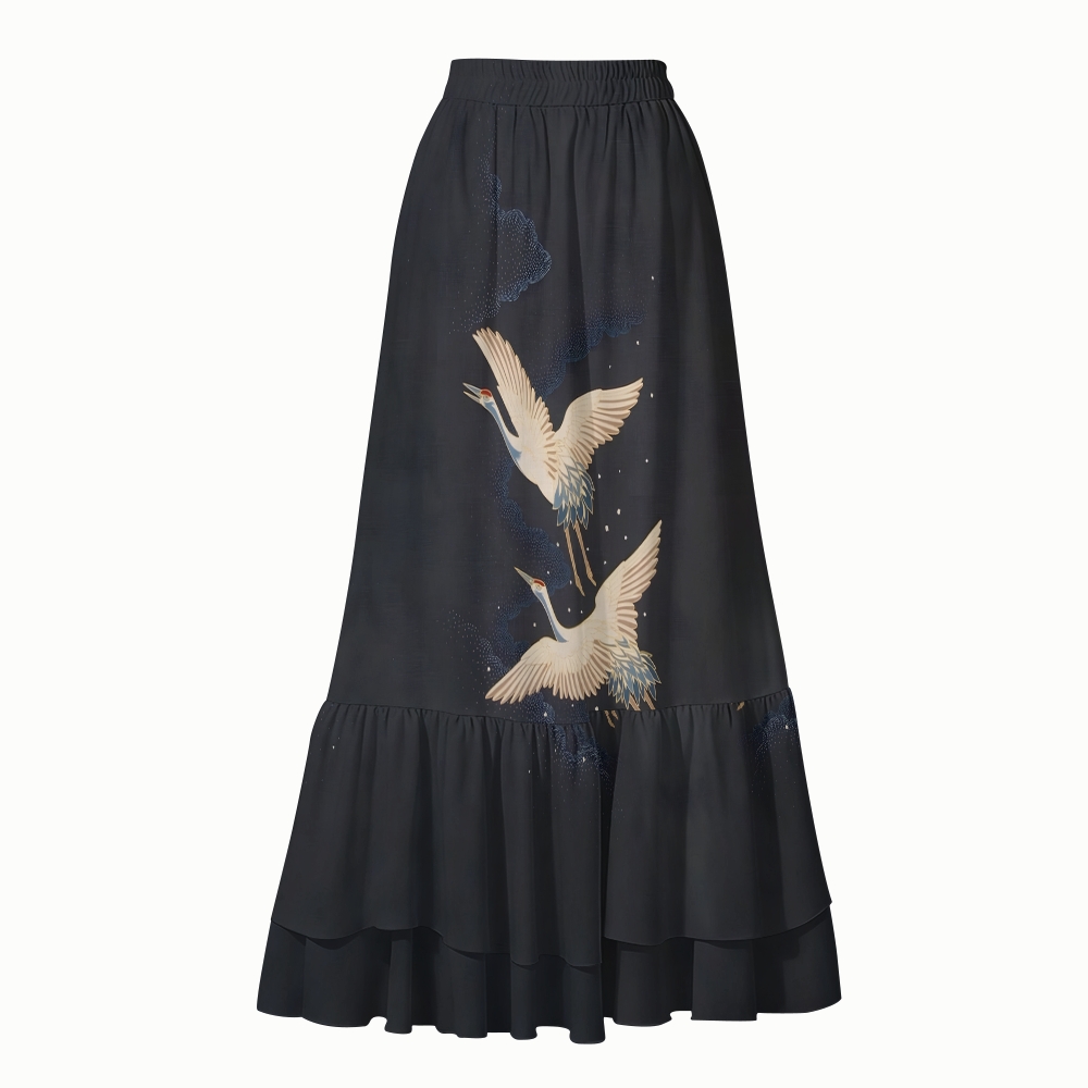 Oriental Celestial Crane One Piece Swimsuit with Matching Maxi Skirt