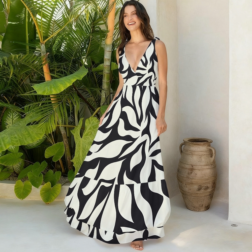 Modern Artistic Geometric Wave Print One Piece Swimsuit with Matching Maxi Skirt