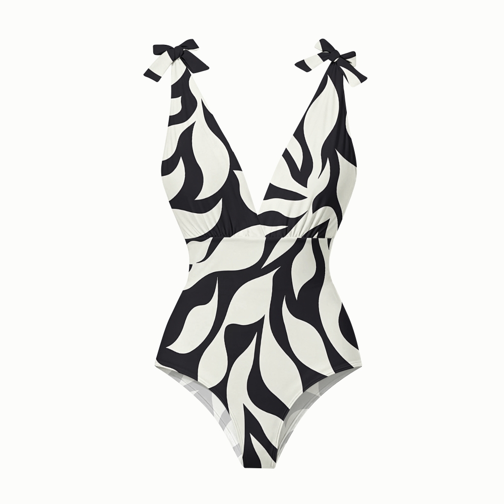 Modern Artistic Geometric Wave Print One Piece Swimsuit with Matching Maxi Skirt