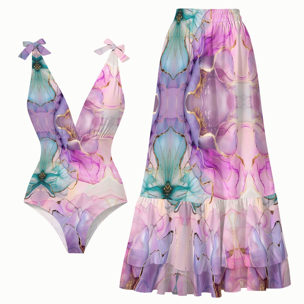 Watercolor Gold Foil Printing V-Neck One-Piece Swimsuit and Tiered Maxi Skirt