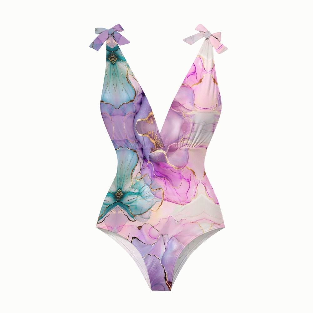 Watercolor Gold Foil Printing V-Neck One-Piece Swimsuit and Tiered Maxi Skirt