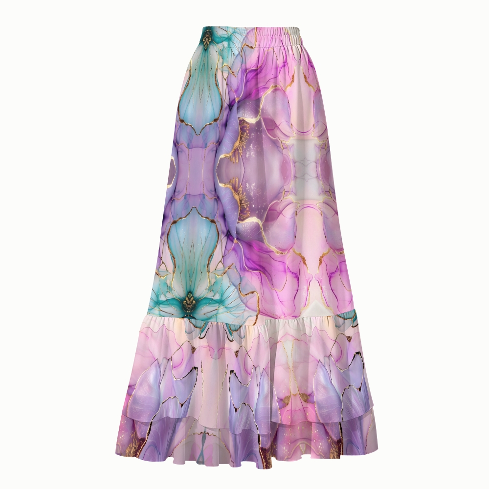 Watercolor Gold Foil Printing V-Neck One-Piece Swimsuit and Tiered Maxi Skirt