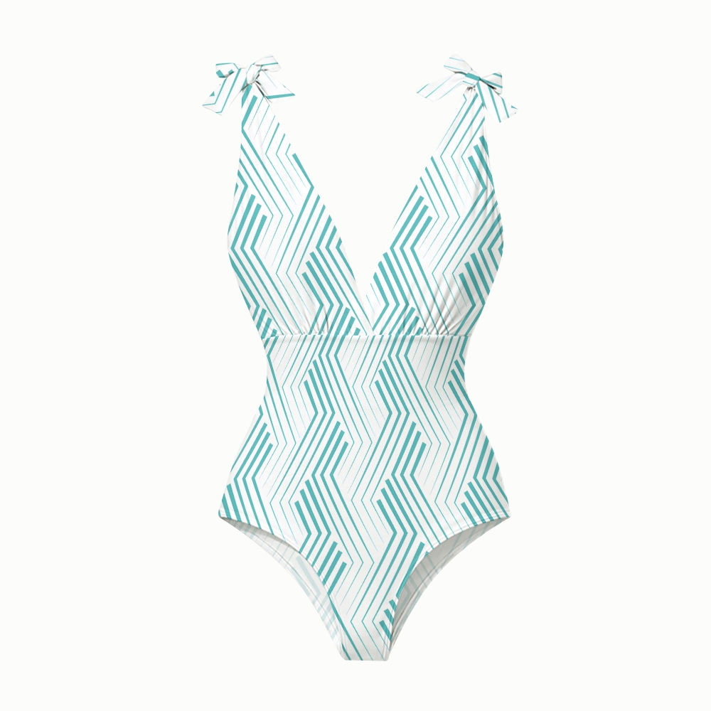 Striped Chevron Print V-Neck One-Piece Swimsuit with Matching Tiered Maxi Skirt