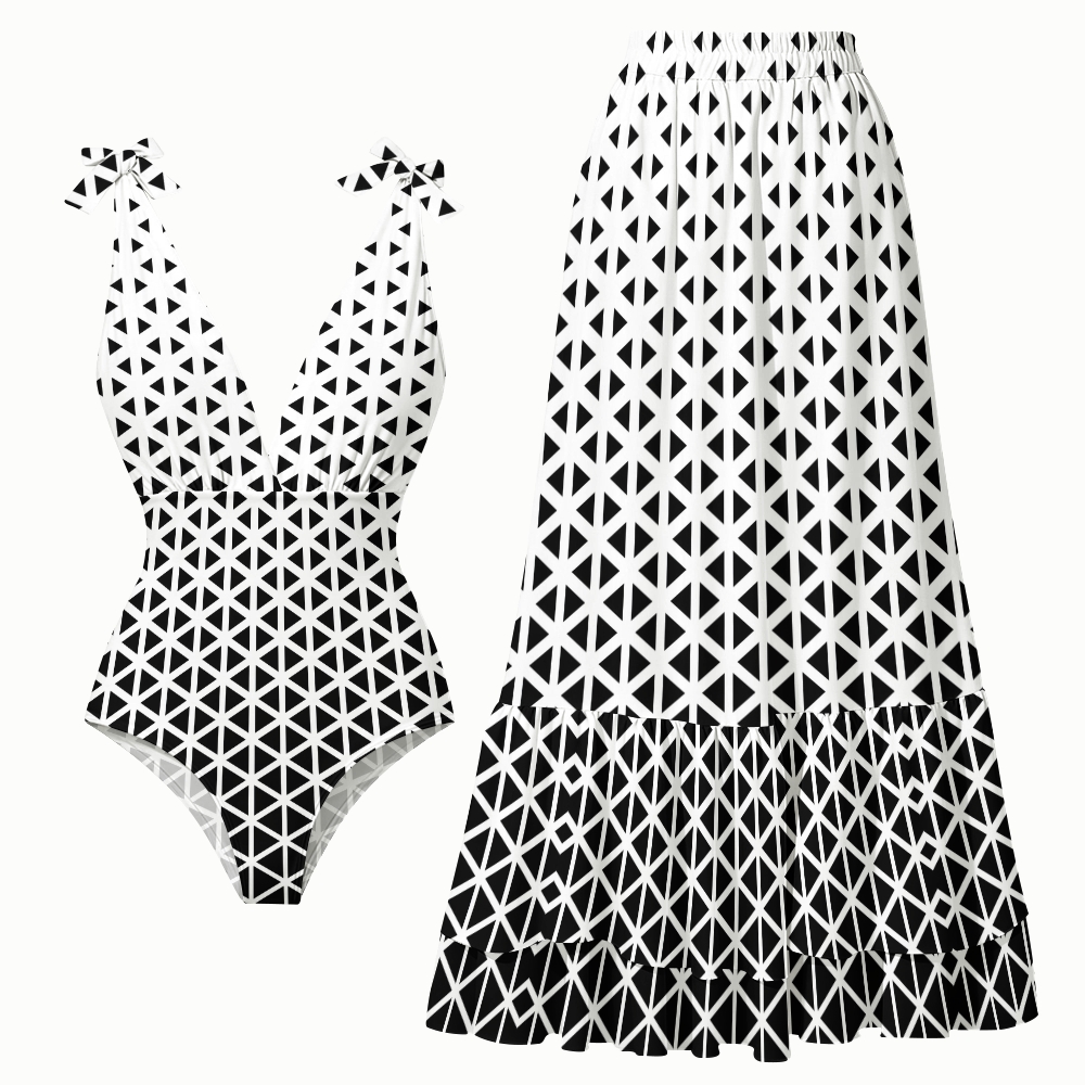 Geometric Triangle One-Piece Swimsuit with Matching Maxi Skirt