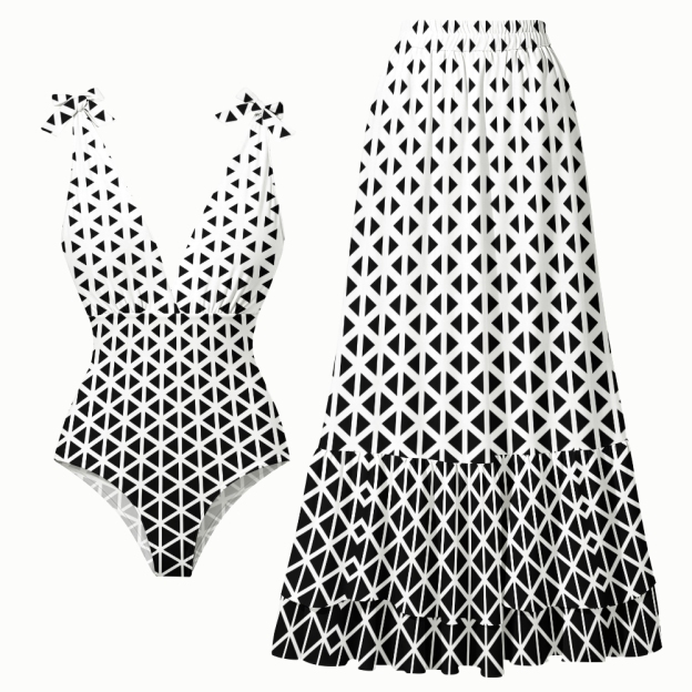 Geometric Triangle One-Piece Swimsuit with Matching Maxi Skirt