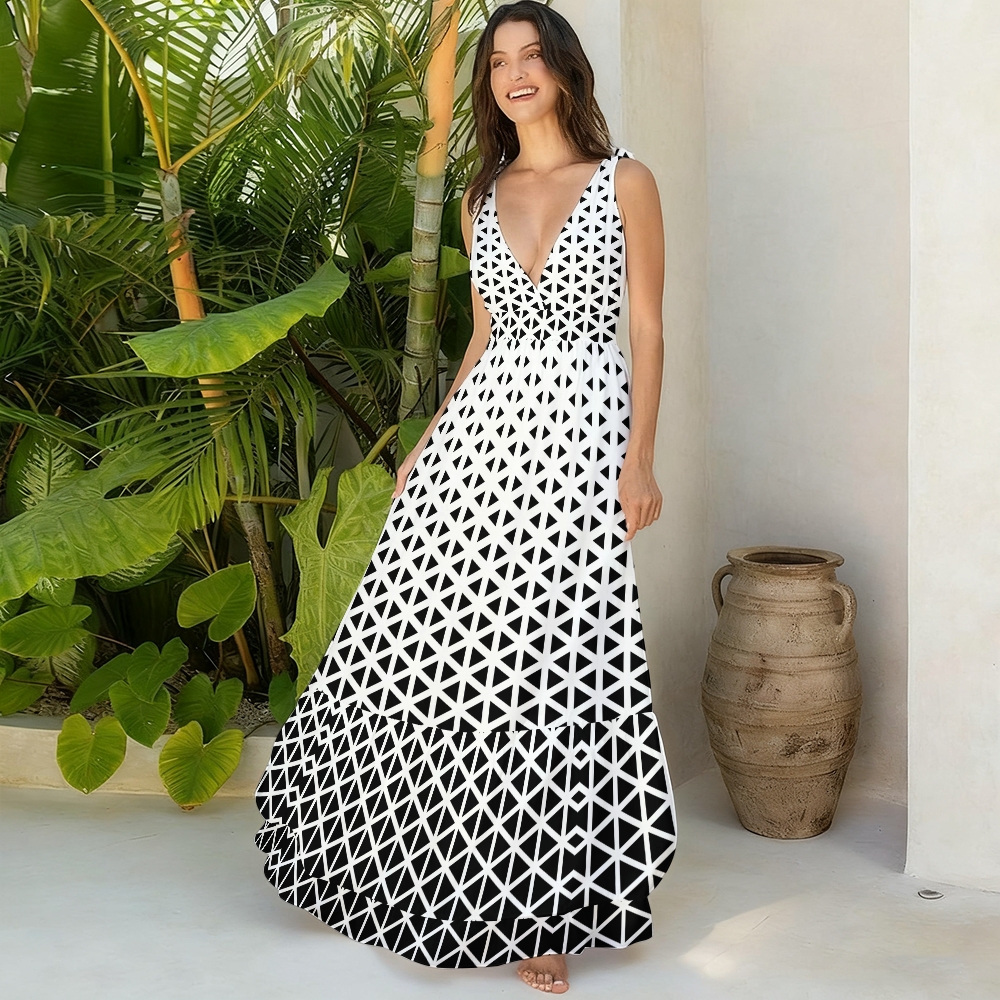 Geometric Triangle One-Piece Swimsuit with Matching Maxi Skirt