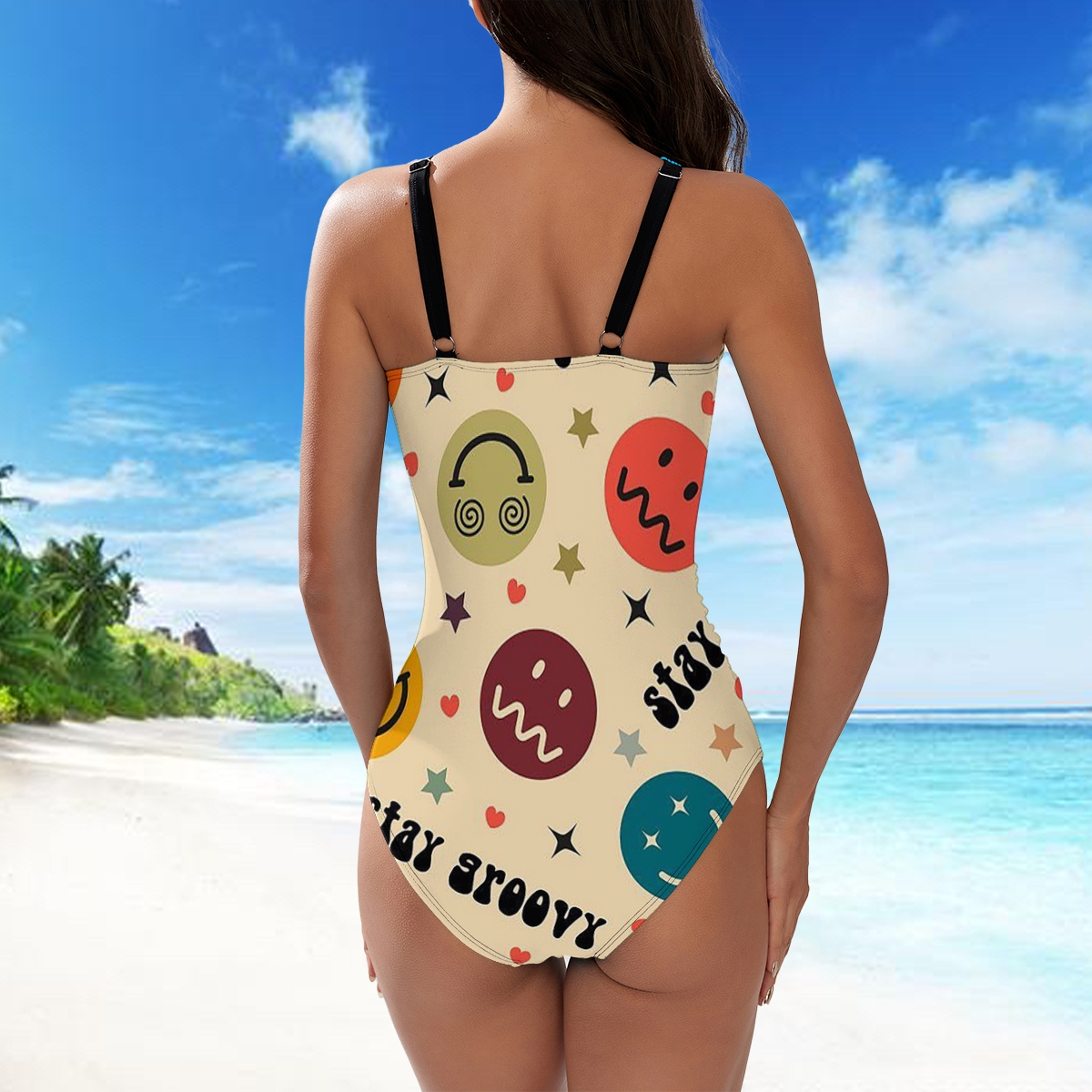 Crisscross Strap One Piece Swimsuit with Keyhole Front and Colorful Smiley Print