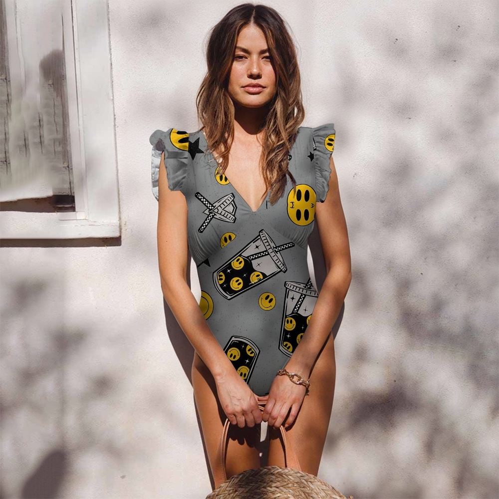 Bubble Tea and Smiley Print One Piece Swimsuit with Ruffled Straps and